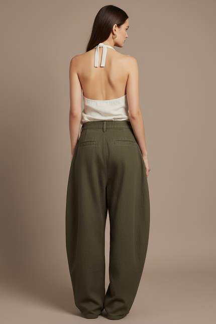 Pantalon Baggy Vert Kaki Ample Décontracté Coton - vue 2
