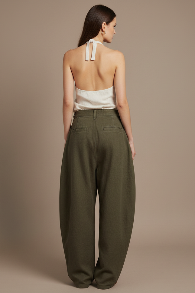 Pantalon Baggy Vert Kaki Ample Décontracté Coton - vue 2