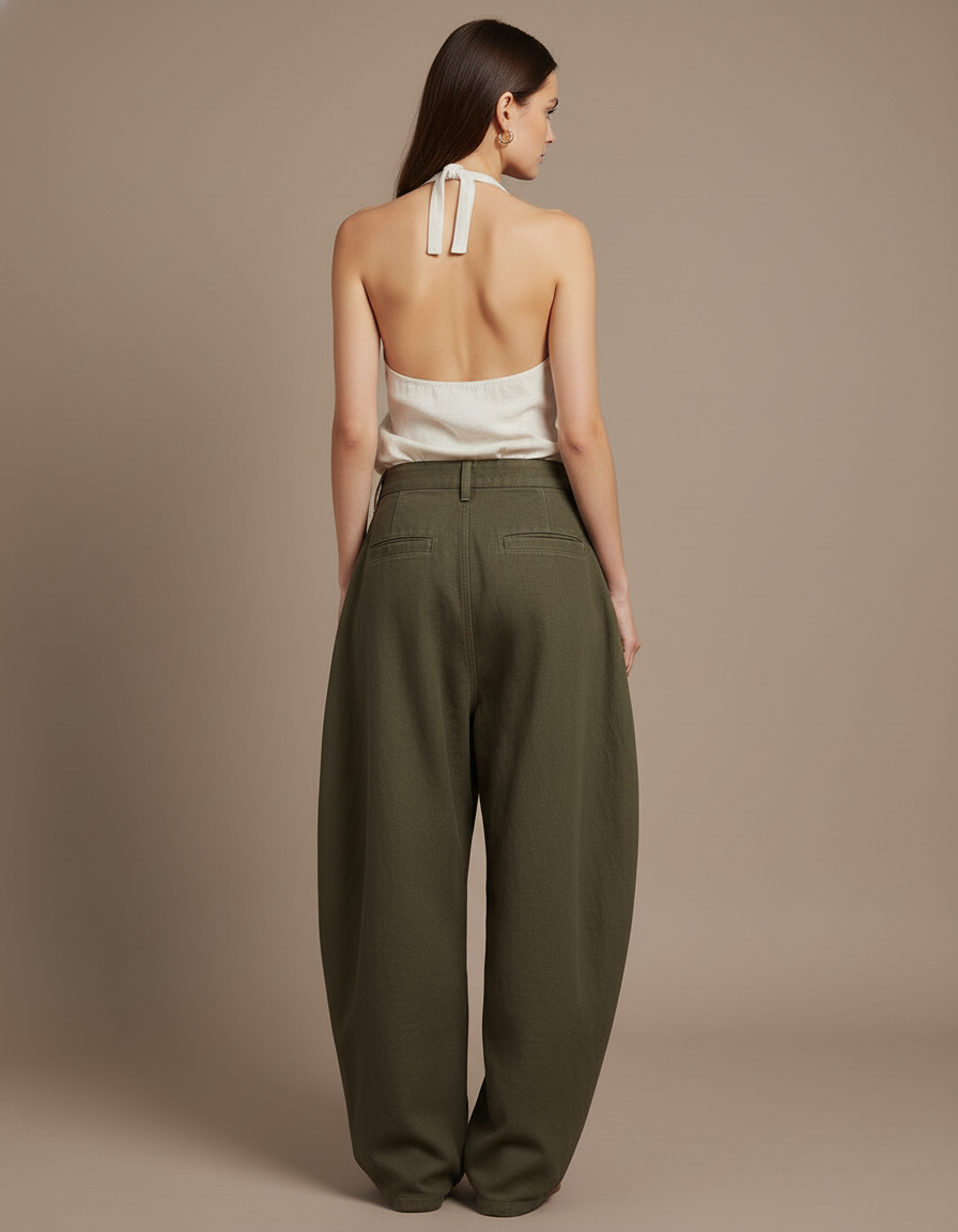 Pantalon Baggy Vert Kaki Ample Décontracté Coton - vue 2