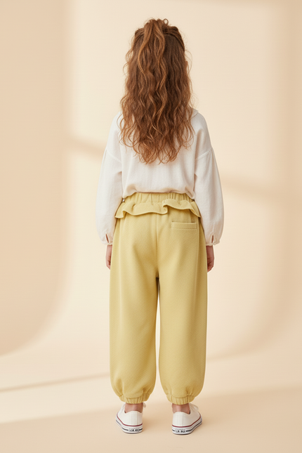 Pantalon Baggy Jaune Ample Côtelé Poches Cœur - Cordé - vue 2