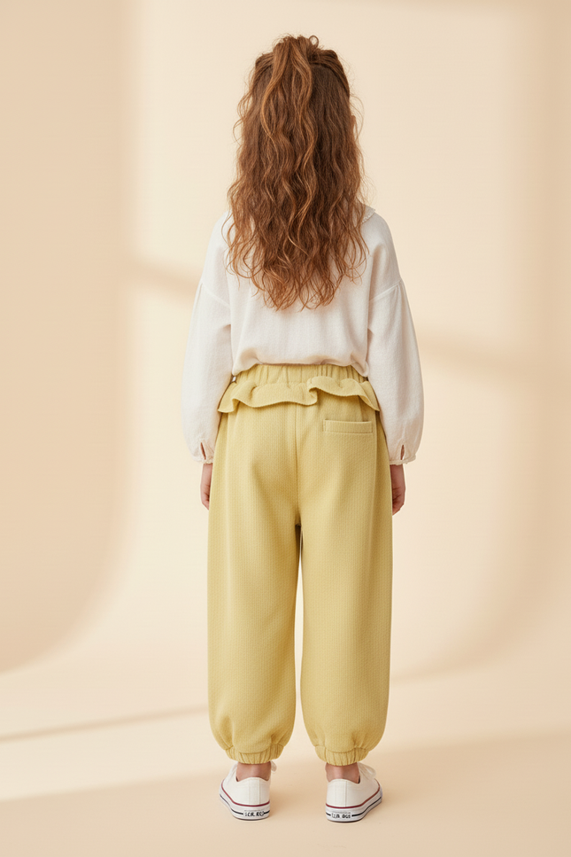 Pantalon Baggy Jaune Ample Côtelé Poches Cœur - Cordé - vue 2