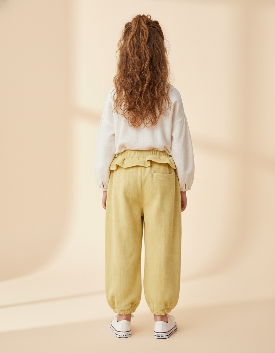Pantalon Baggy Jaune Ample Côtelé Poches Cœur - Cordé - vue 2