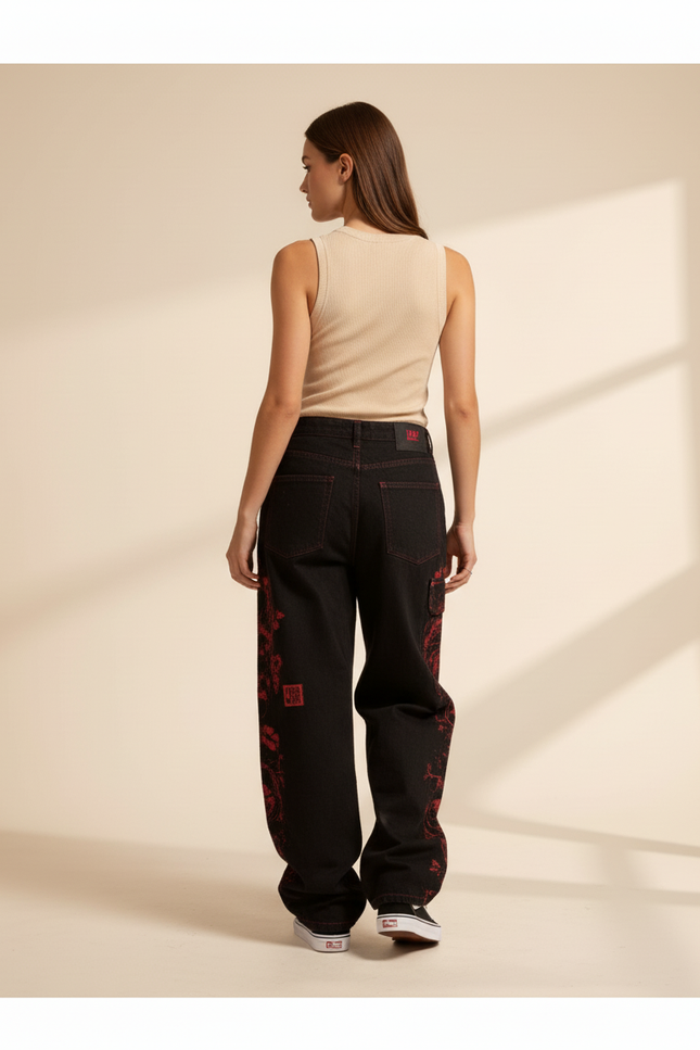 Pantalon Baggy Noir Ample Motif Dragon Rouge - Jean - vue 2
