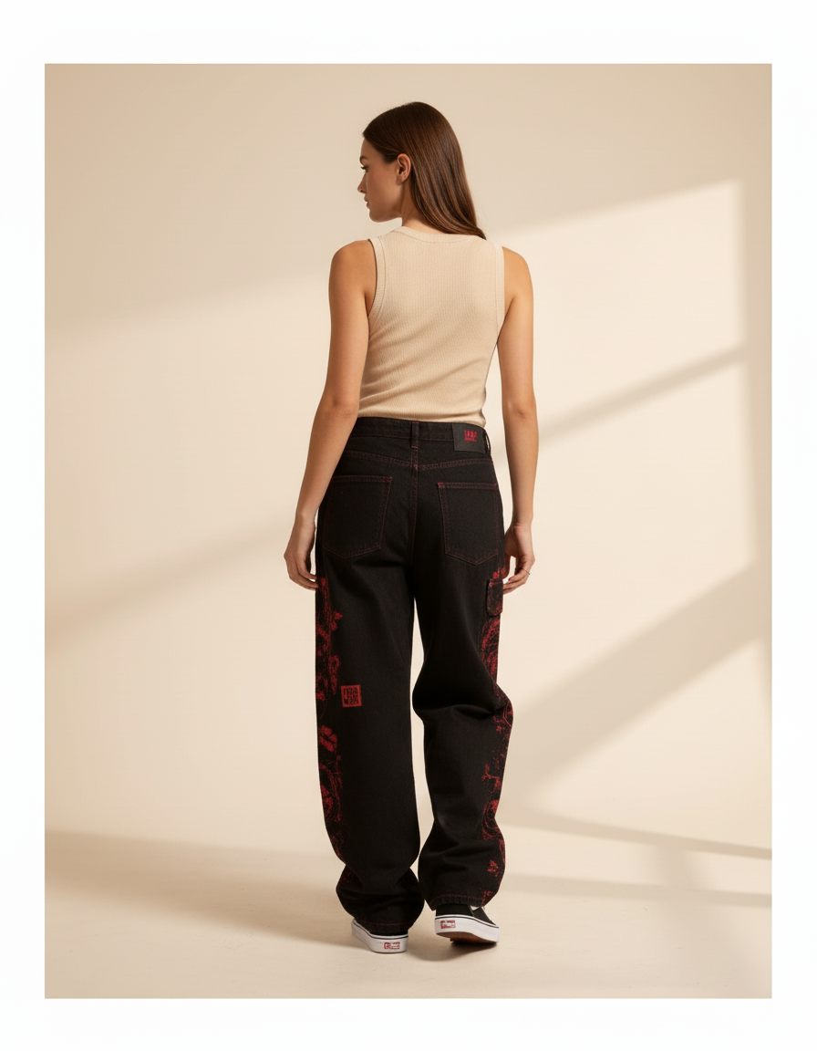 Pantalon Baggy Noir Ample Motif Dragon Rouge - Jean - vue 2