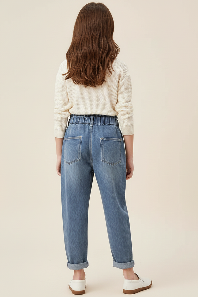 Pantalon Baggy Jean Bleu Denim Ample Élastique Fille - vue 2