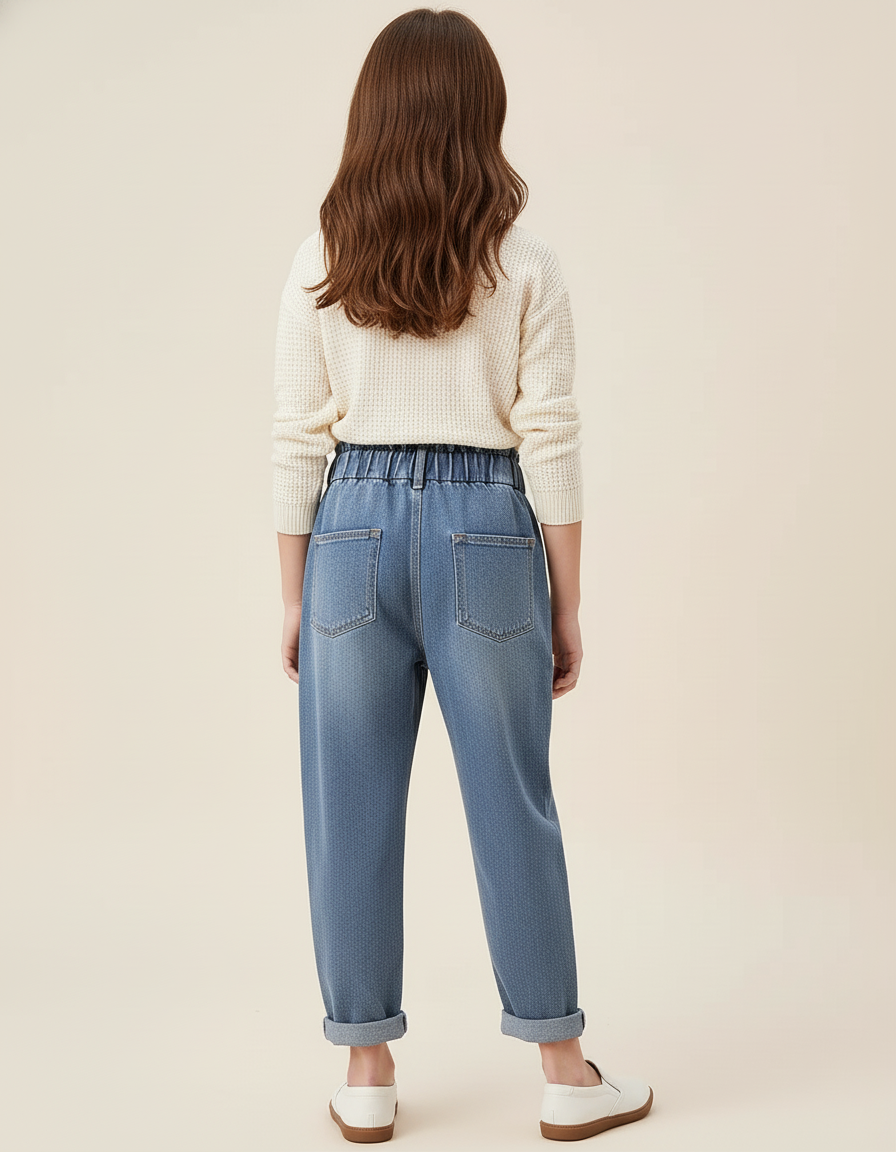 Pantalon Baggy Jean Bleu Denim Ample Élastique Fille - vue 2