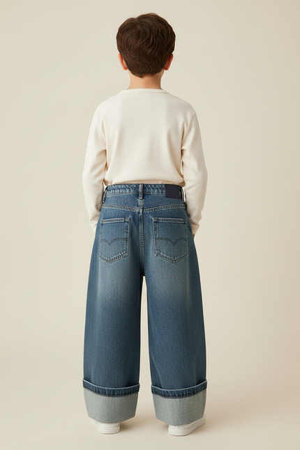 Pantalon Baggy Jean Ample Plissé Enfant Décontracté - Bleu - vue 2