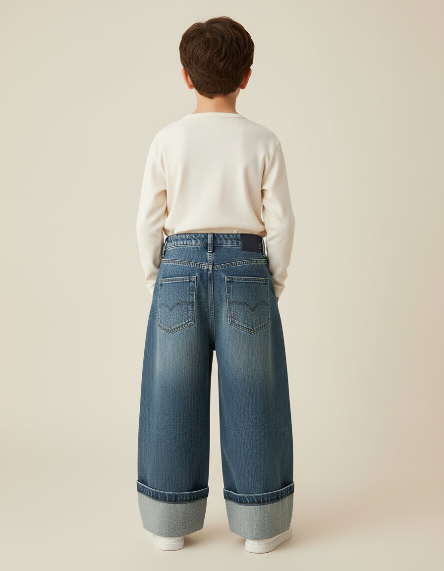 Pantalon Baggy Jean Ample Plissé Enfant Décontracté - Bleu - vue 2