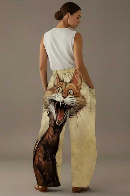 Pantalon Baggy Chat Hurlant Ample Fluide Femme - Imprimé Viscose - vue 2