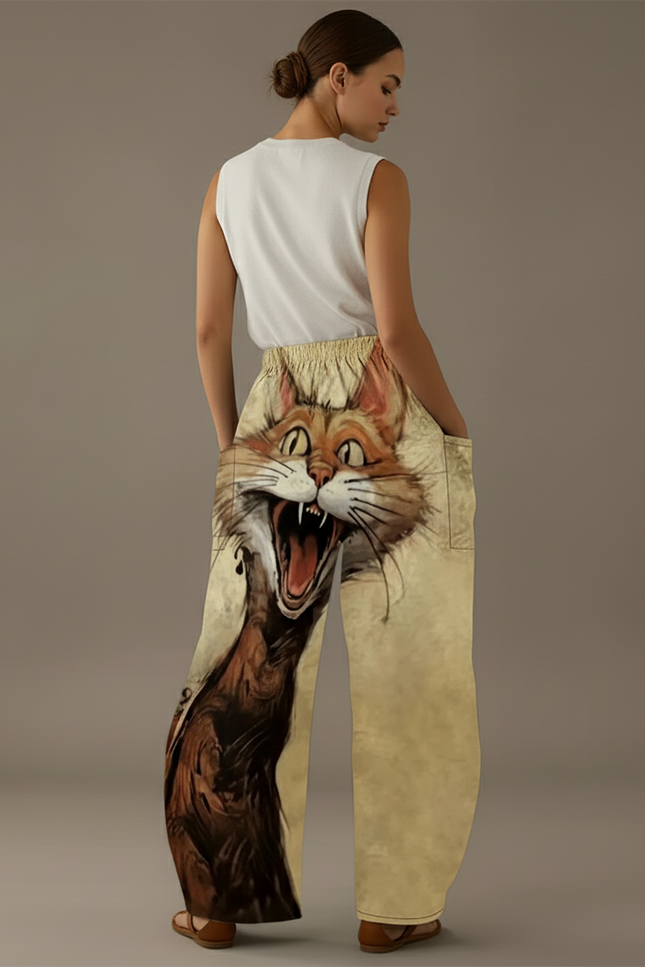 Pantalon Baggy Chat Hurlant Ample Fluide Femme - Imprimé Viscose - vue 2