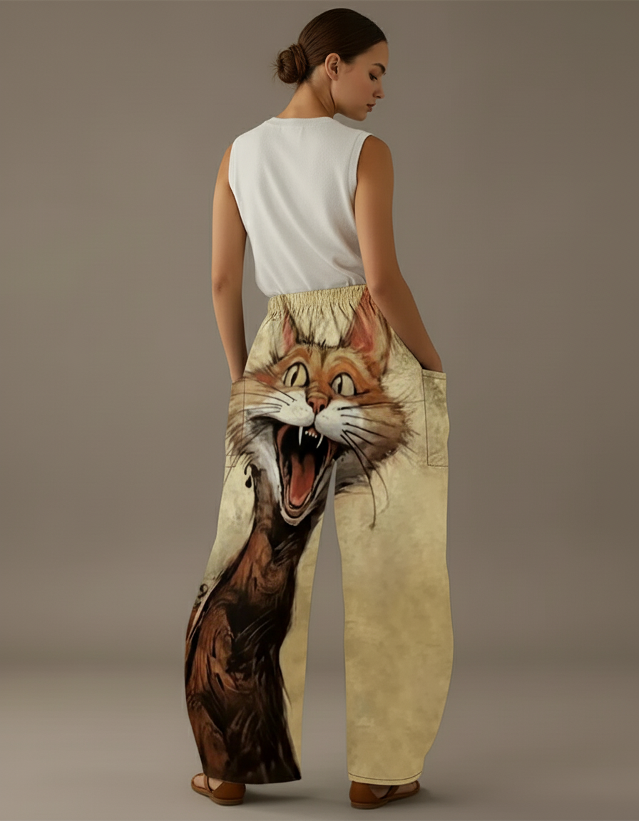 Pantalon Baggy Chat Hurlant Ample Fluide Femme - Imprimé Viscose - vue 2