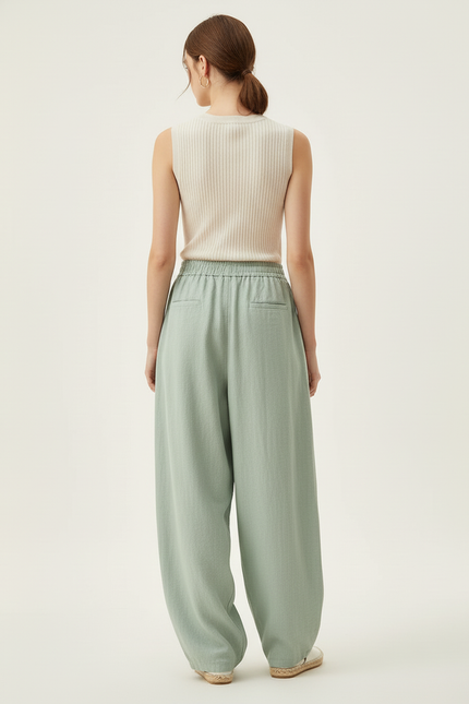 Pantalon Baggy Vert Menthe Lin Ample Taille Élastique - vue 2