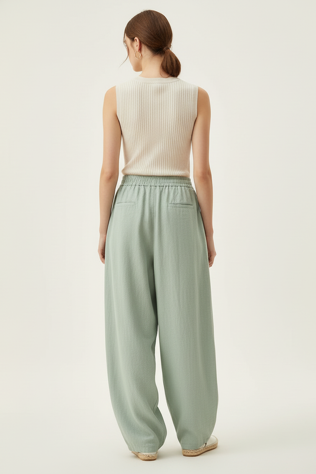 Pantalon Baggy Vert Menthe Lin Ample Taille Élastique - vue 2