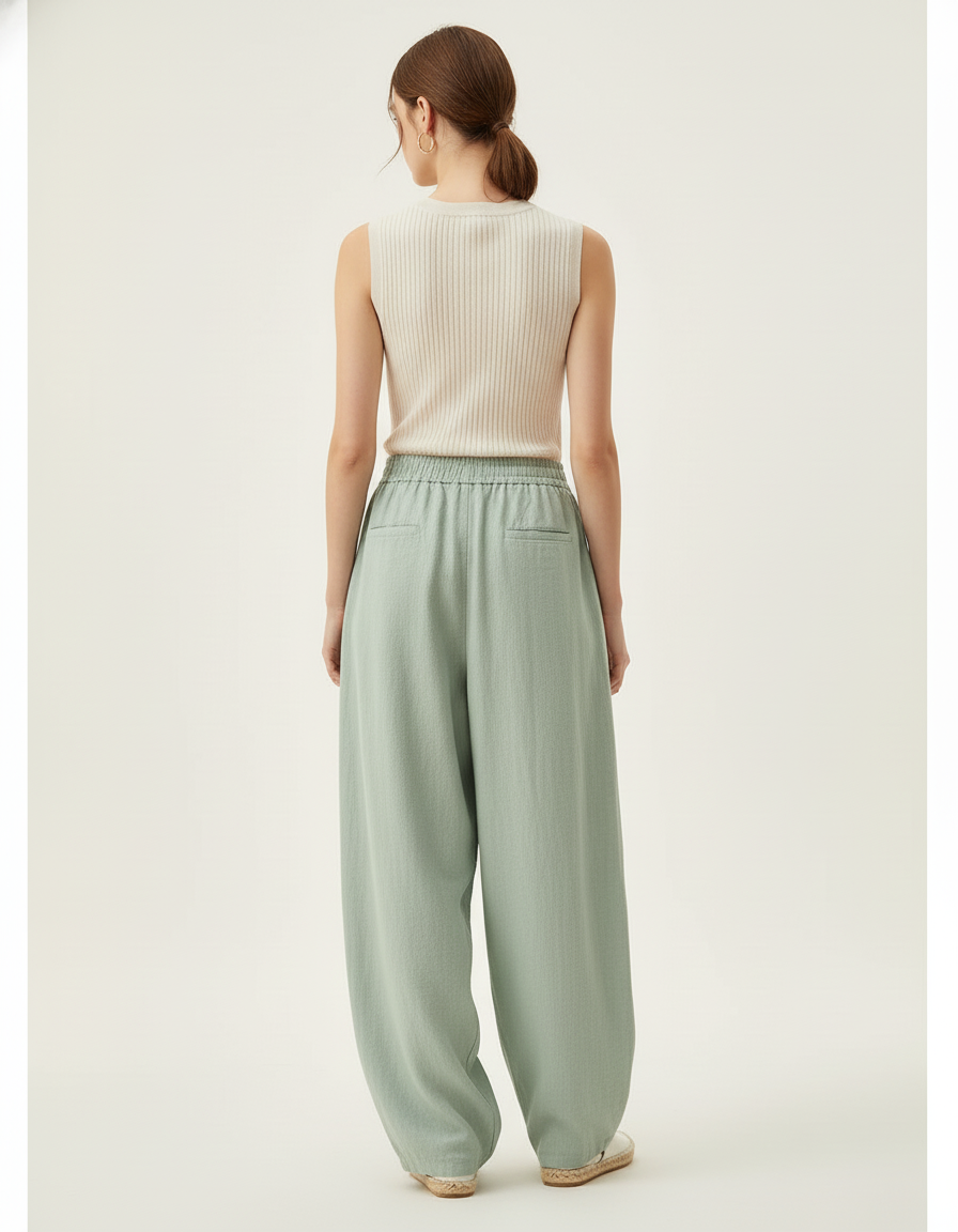 Pantalon Baggy Vert Menthe Lin Ample Taille Élastique - vue 2