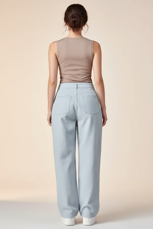 Pantalon Baggy Bleu Ciel Patchwork Blanc Ample Décontracté - Toile - vue 2