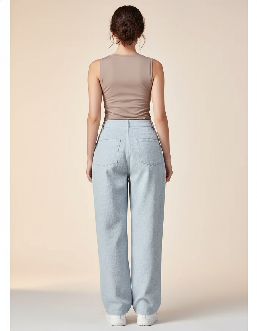 Pantalon Baggy Bleu Ciel Patchwork Blanc Ample Décontracté - Toile - vue 2