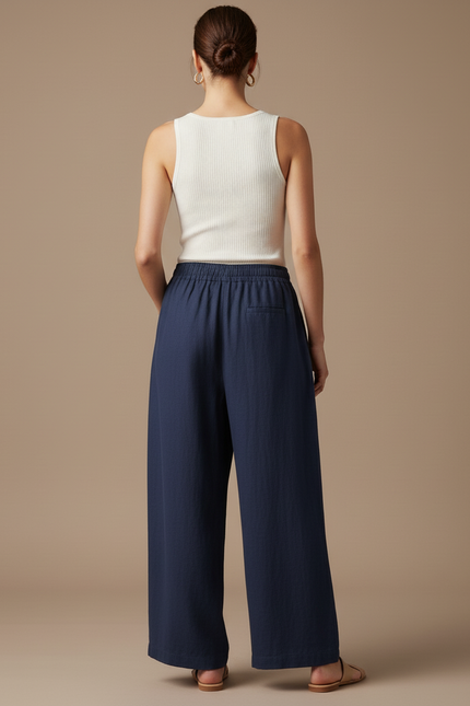 Pantalon Baggy Bleu Marine Lin Ample Fluide Décontracté - vue 2