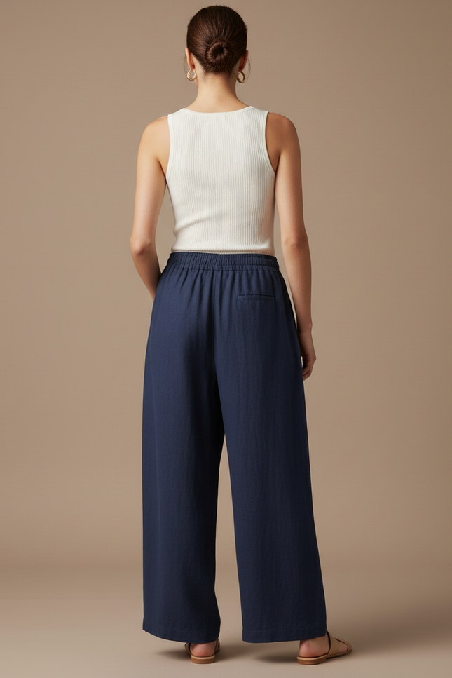 Pantalon Baggy Bleu Marine Lin Ample Fluide Décontracté - vue 2