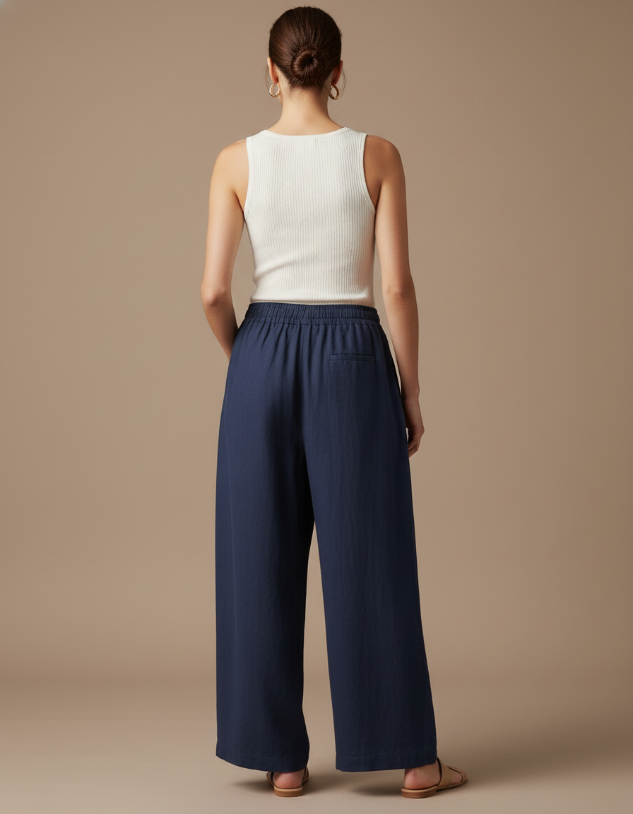 Pantalon Baggy Bleu Marine Lin Ample Fluide Décontracté - vue 2