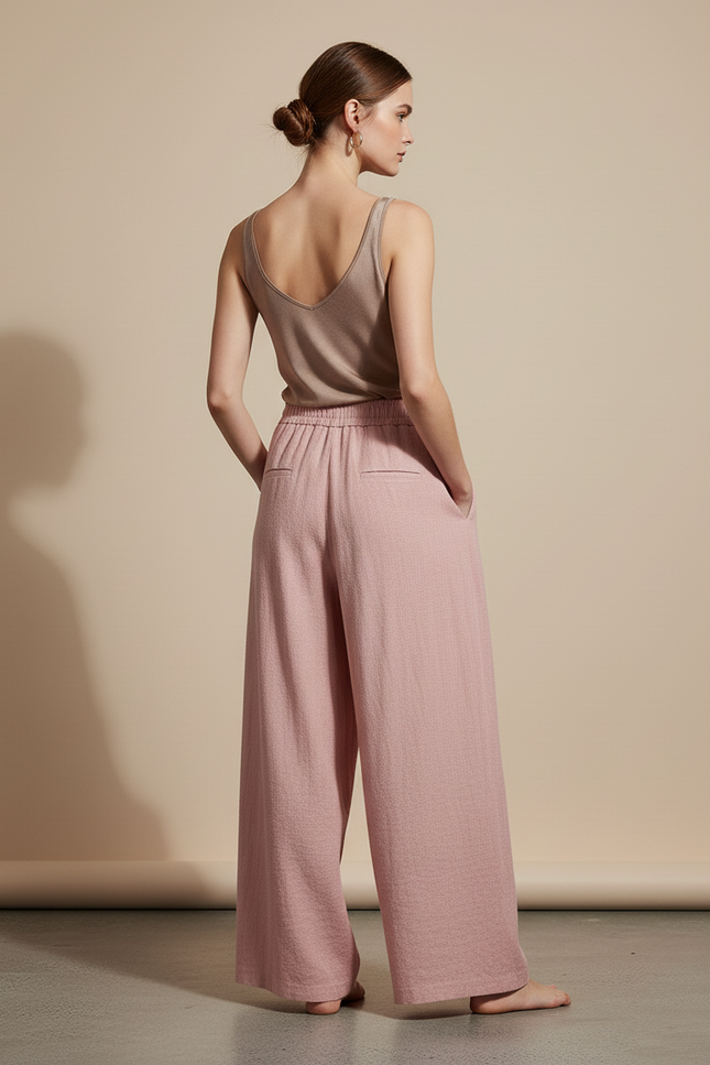 Pantalon Baggy Rose Poudre Ample Fluide Coton Lin - vue 2