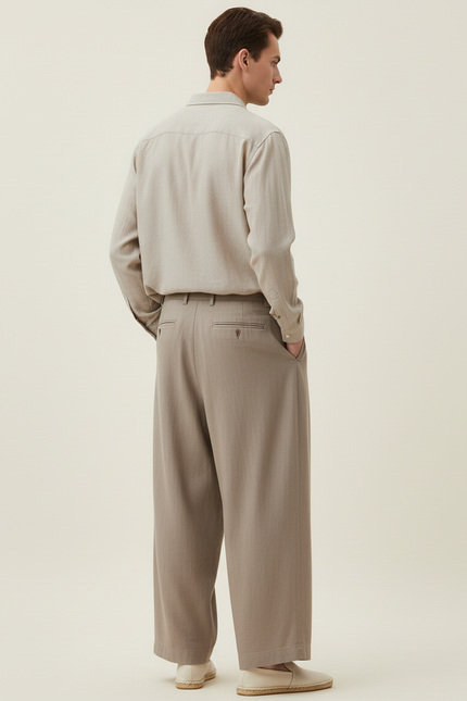 Pantalon Baggy Beige Plissé Ample Lin Homme - vue 2