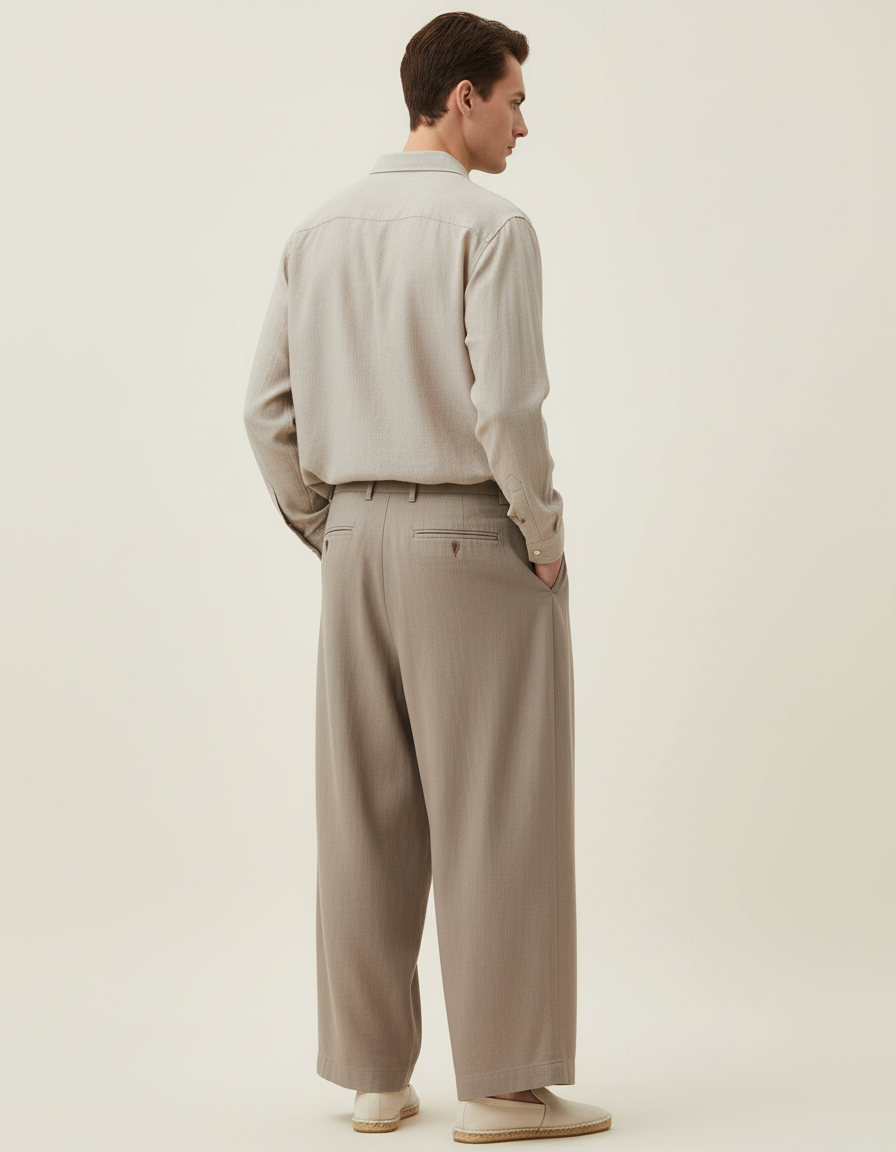 Pantalon Baggy Beige Plissé Ample Lin Homme - vue 2