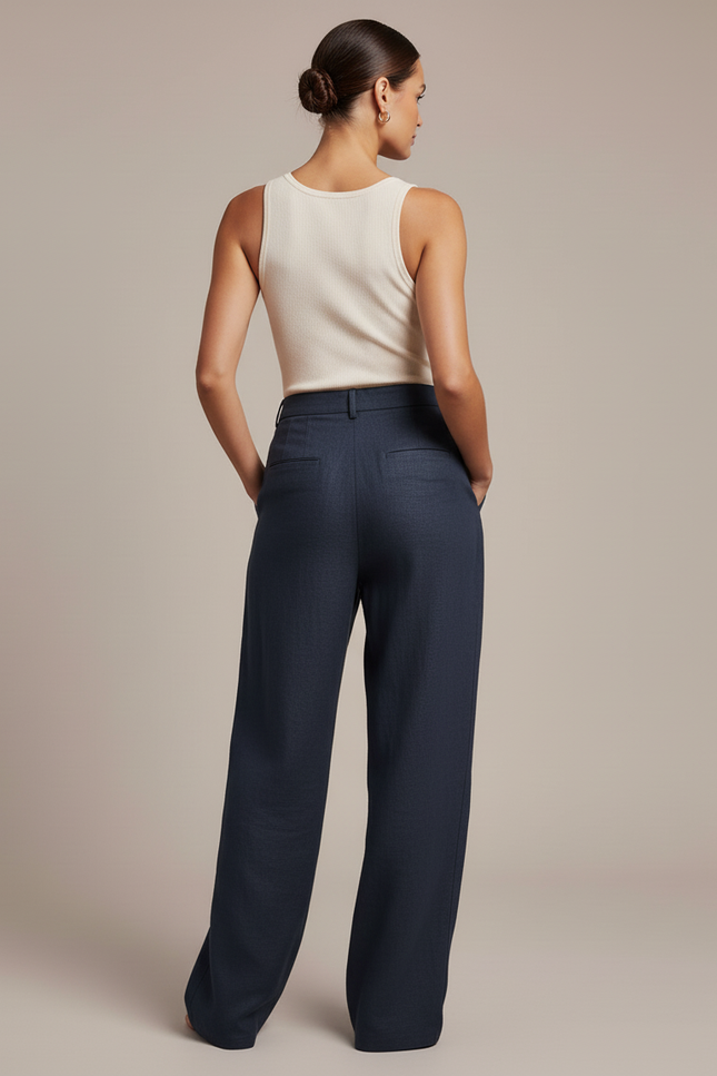 Pantalon Baggy Bleu Marine Lin Ample Taille Haute - vue 2