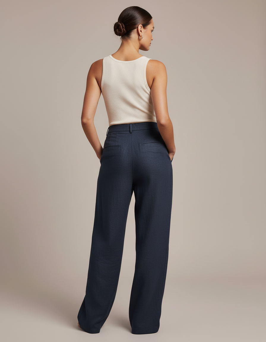 Pantalon Baggy Bleu Marine Lin Ample Taille Haute - vue 2