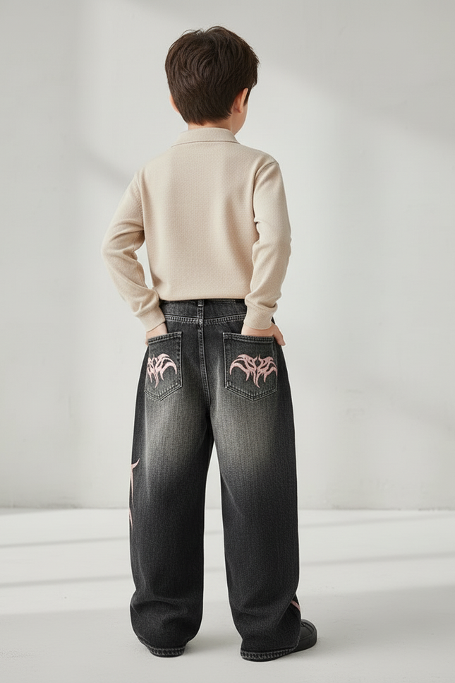 Pantalon Baggy Jean Délavé Imprimé Rose Tribal - Gris - vue 2