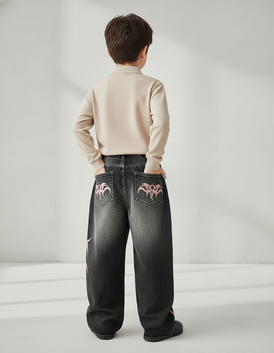 Pantalon Baggy Jean Délavé Imprimé Rose Tribal - Gris - vue 2