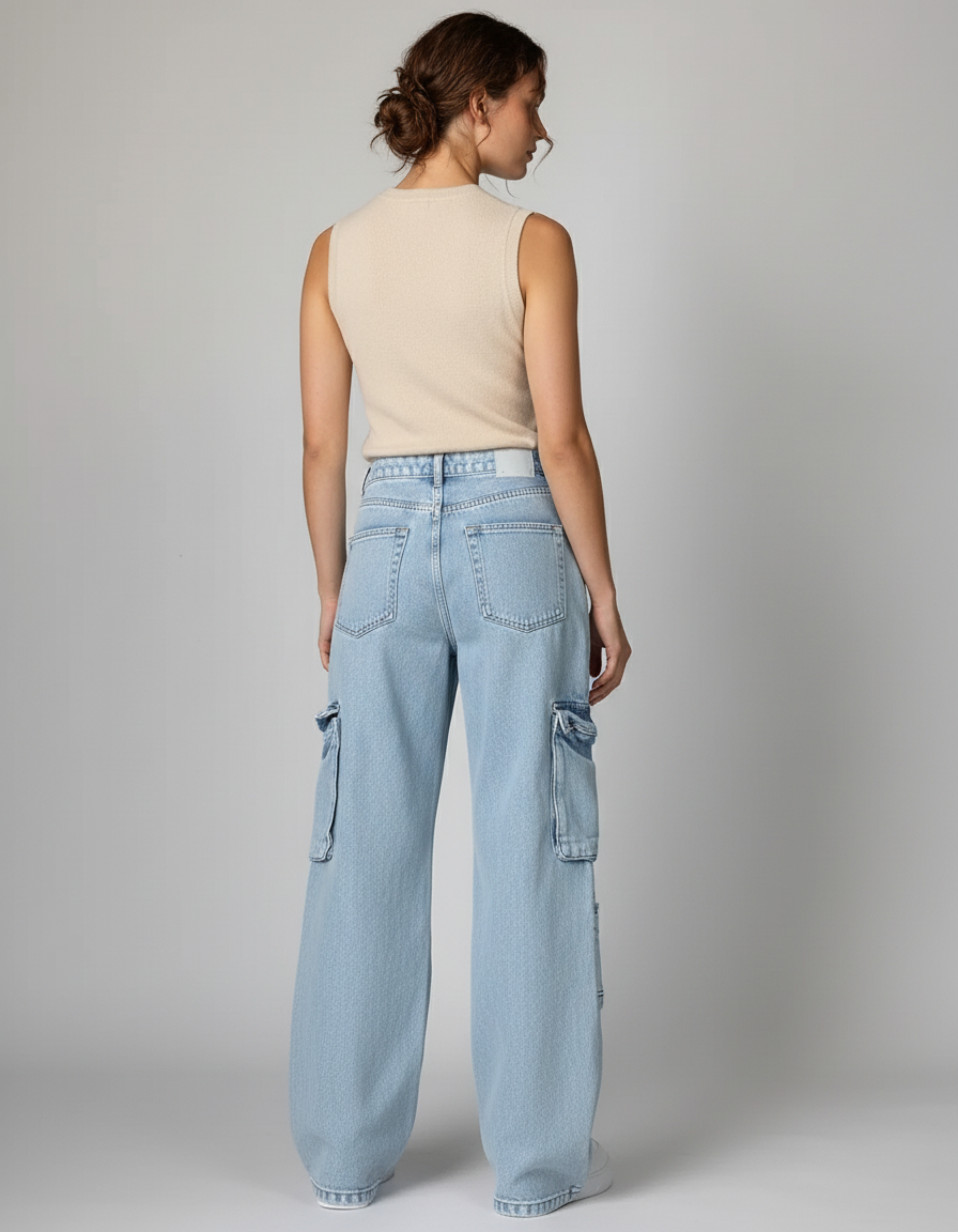 Pantalon Baggy Jean Bleu Cargo Ample Décontracté - vue 2