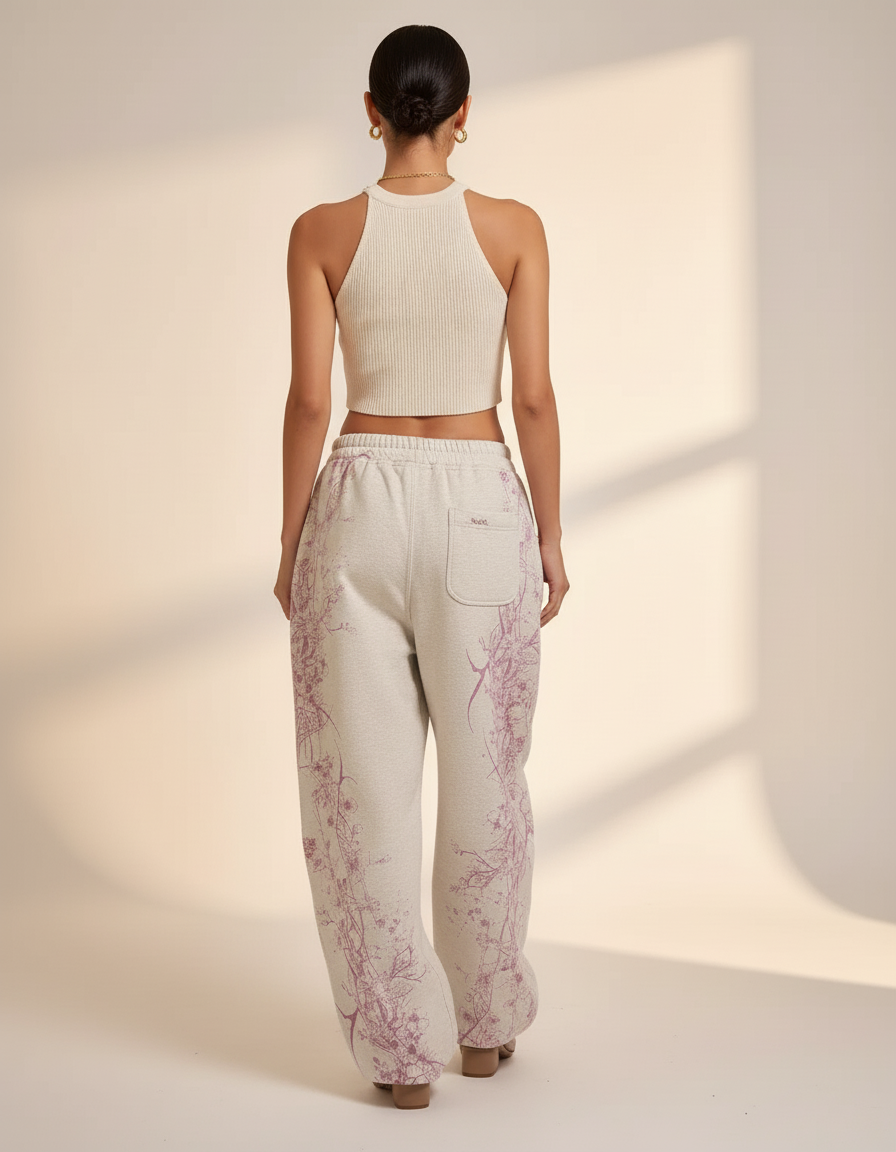 Pantalon Baggy Gris Imprimé Floral Ample Streetwear - Molleton - vue 2