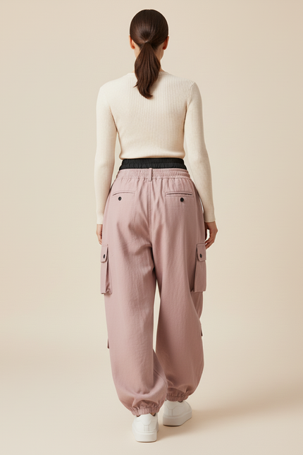 Pantalon Baggy Rose Cargo Ample Cordon Sport - Toile - vue 2