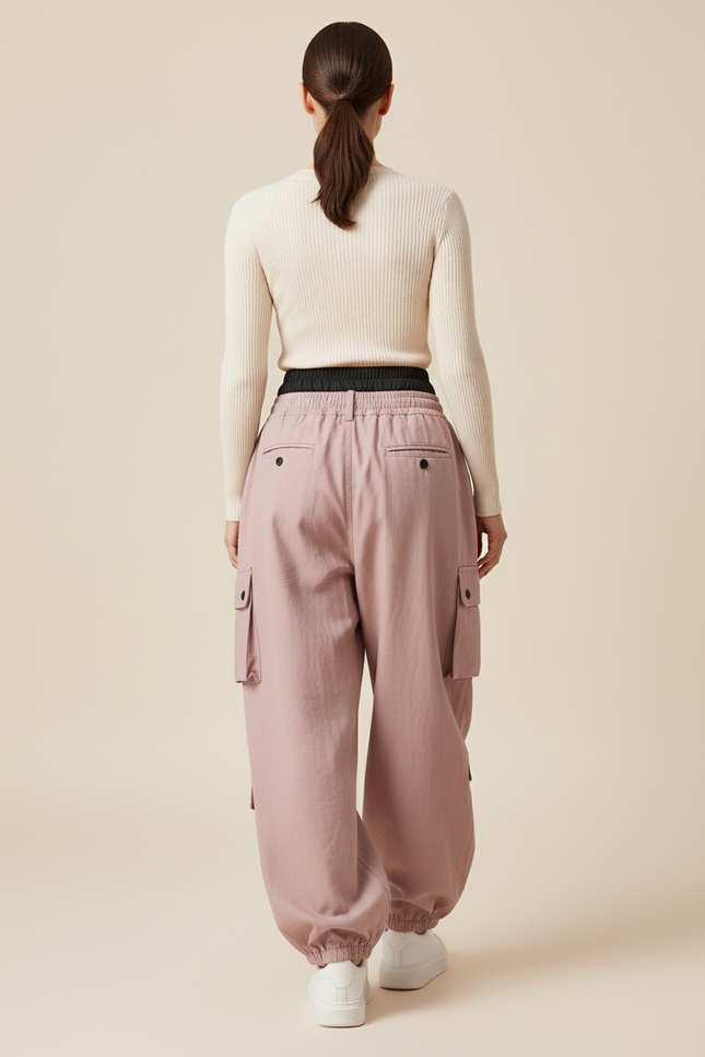 Pantalon Baggy Rose Cargo Ample Cordon Sport - Toile - vue 2