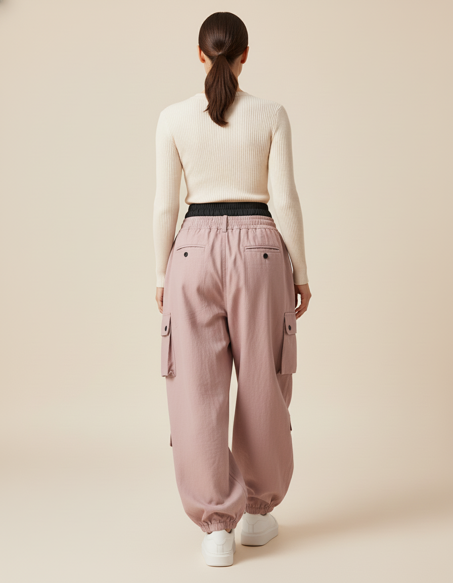 Pantalon Baggy Rose Cargo Ample Cordon Sport - Toile - vue 2