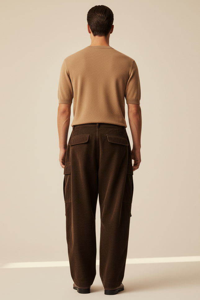 Pantalon Baggy Marron Côtelé Cargo Ample Homme - Cordé - vue 2