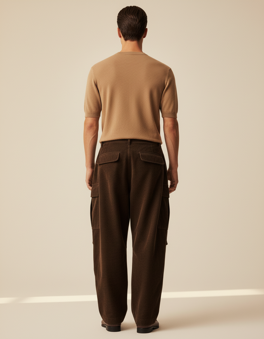 Pantalon Baggy Marron Côtelé Cargo Ample Homme - Cordé - vue 2