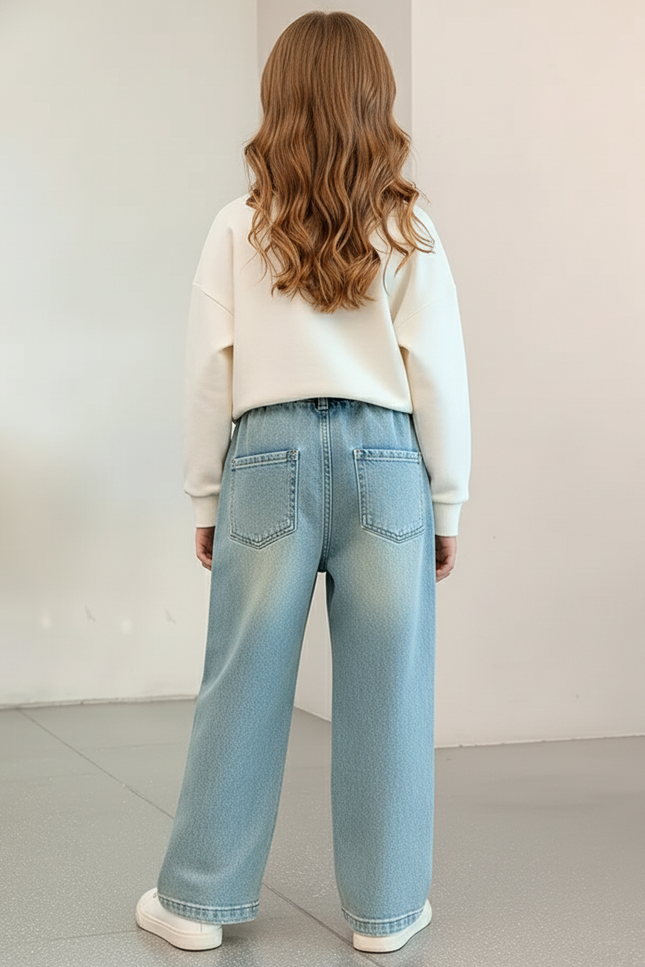 Pantalon Baggy Jean Denim Ample Décontracté Enfant Lavé - Bleu - vue 2