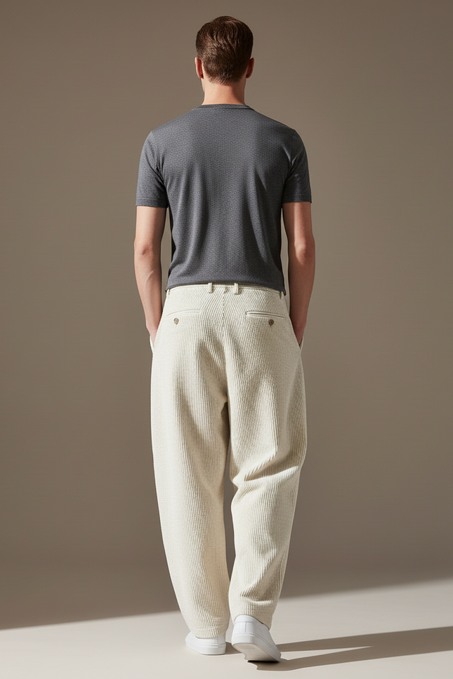 Pantalon Baggy Côtelé Crème Ample Décontracté Homme - Beige Cordé - vue 2