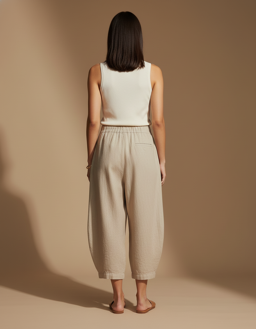 Pantalon Baggy Beige Lin Ample Décontracté Fluide - vue 2