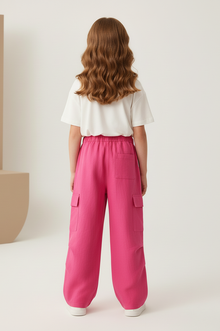 Pantalon Baggy Rose Fushia Ample Cargo Fille Coton - Lin - vue 2