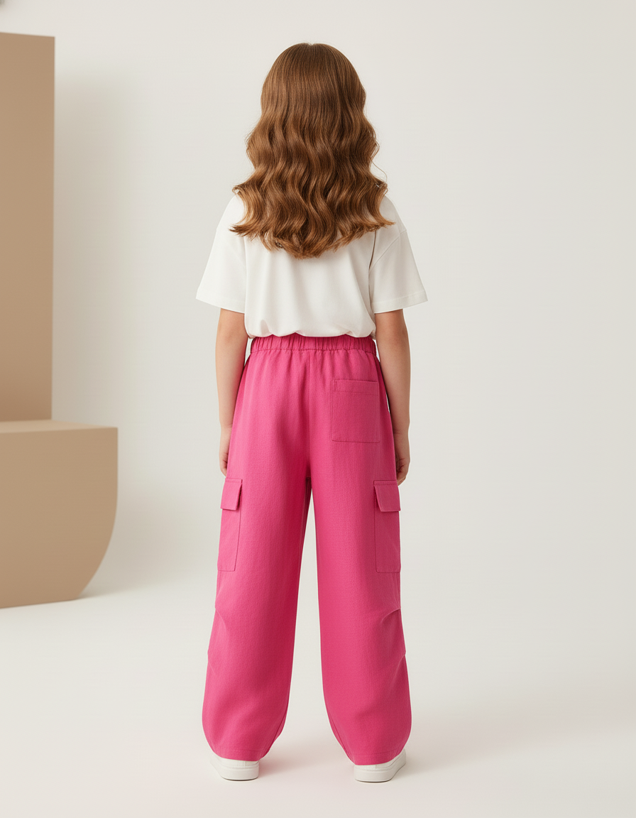 Pantalon Baggy Rose Fushia Ample Cargo Fille Coton - Lin - vue 2