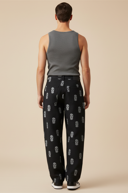 Pantalon Baggy Noir Crânes Imprimés Ample Décontracté Homme - Jean - vue 2