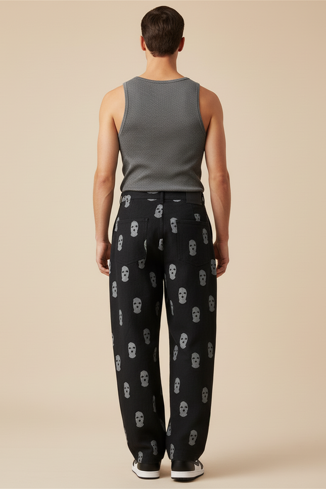 Pantalon Baggy Noir Crânes Imprimés Ample Décontracté Homme - Jean - vue 2