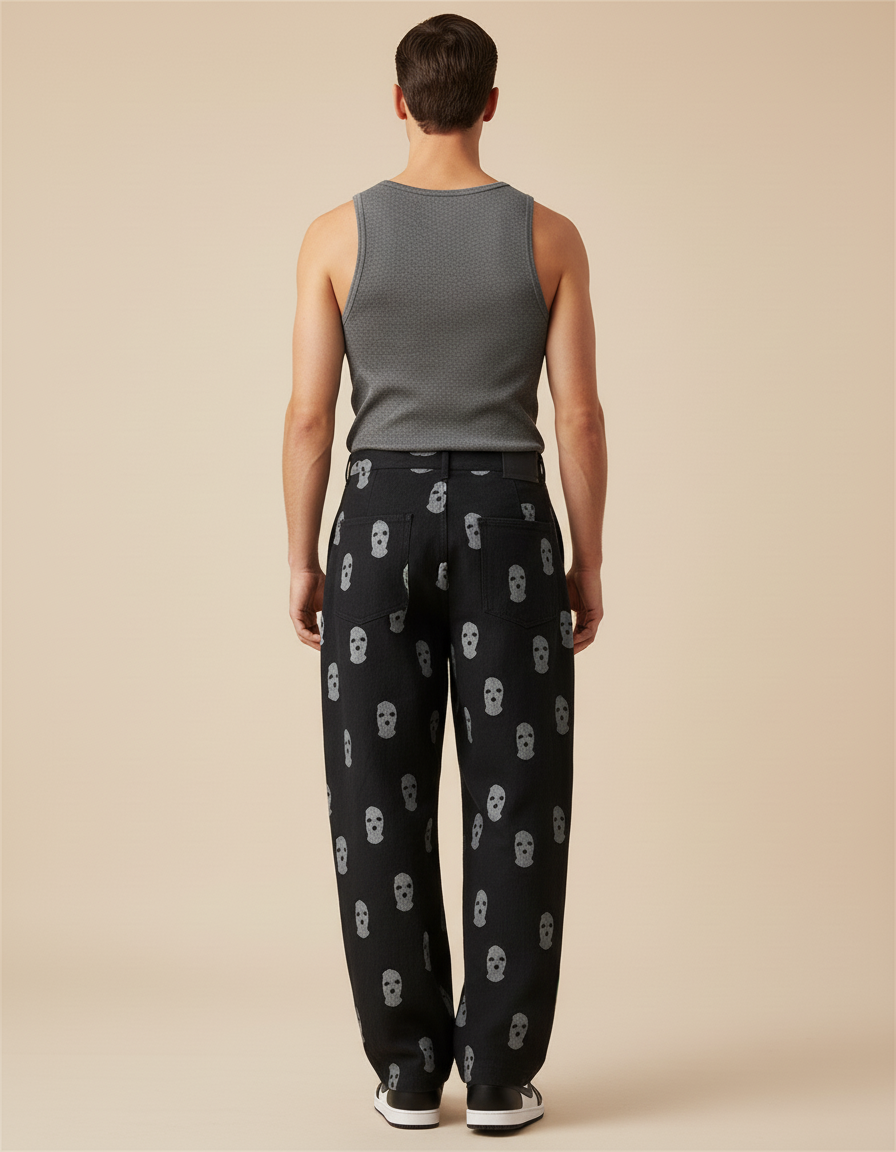 Pantalon Baggy Noir Crânes Imprimés Ample Décontracté Homme - Jean - vue 2
