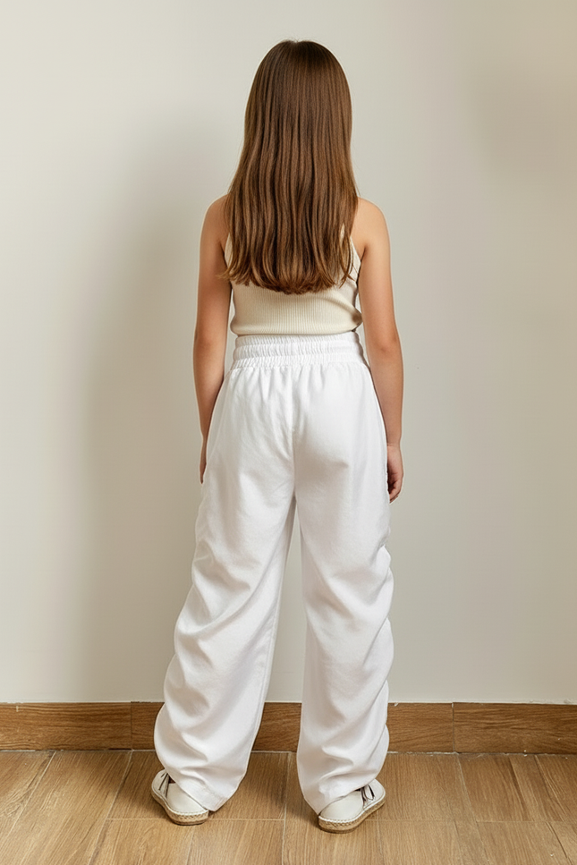 Pantalon Baggy Blanc Ample Plissé Décontracté Fille - Coton - vue 2