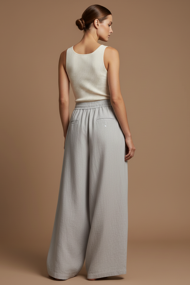 Pantalon Baggy Lin Ample Gris Clair Fluide Femme - vue 2