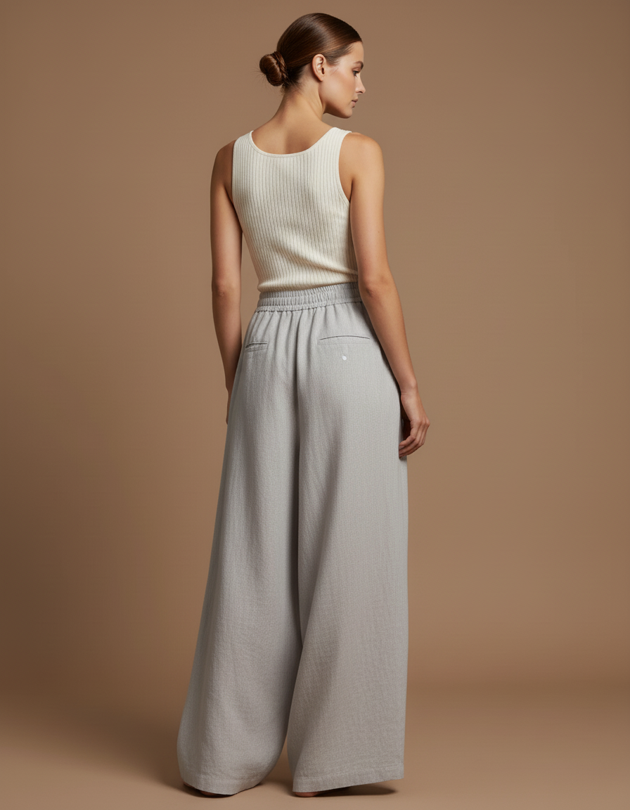 Pantalon Baggy Lin Ample Gris Clair Fluide Femme - vue 2