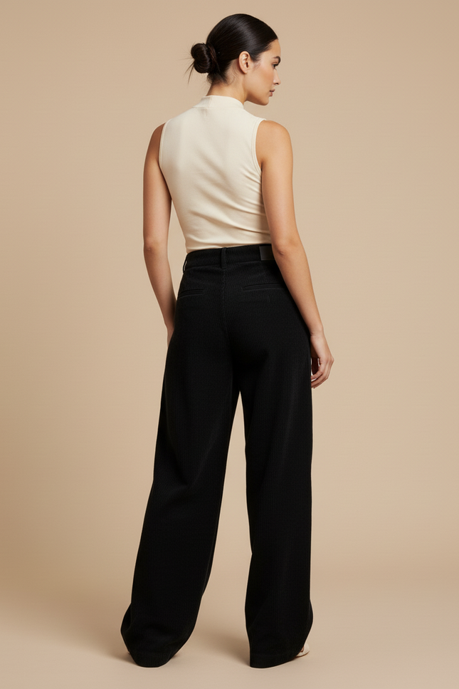 Pantalon Baggy Noir Côtelé Large Décontracté Femme - Cordé - vue 2