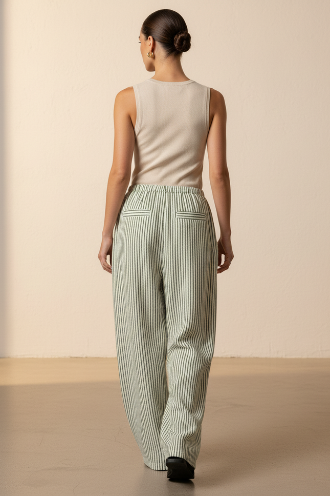Pantalon Baggy Rayé Vert Ample Fluide Cordon Femme - Lin - vue 2